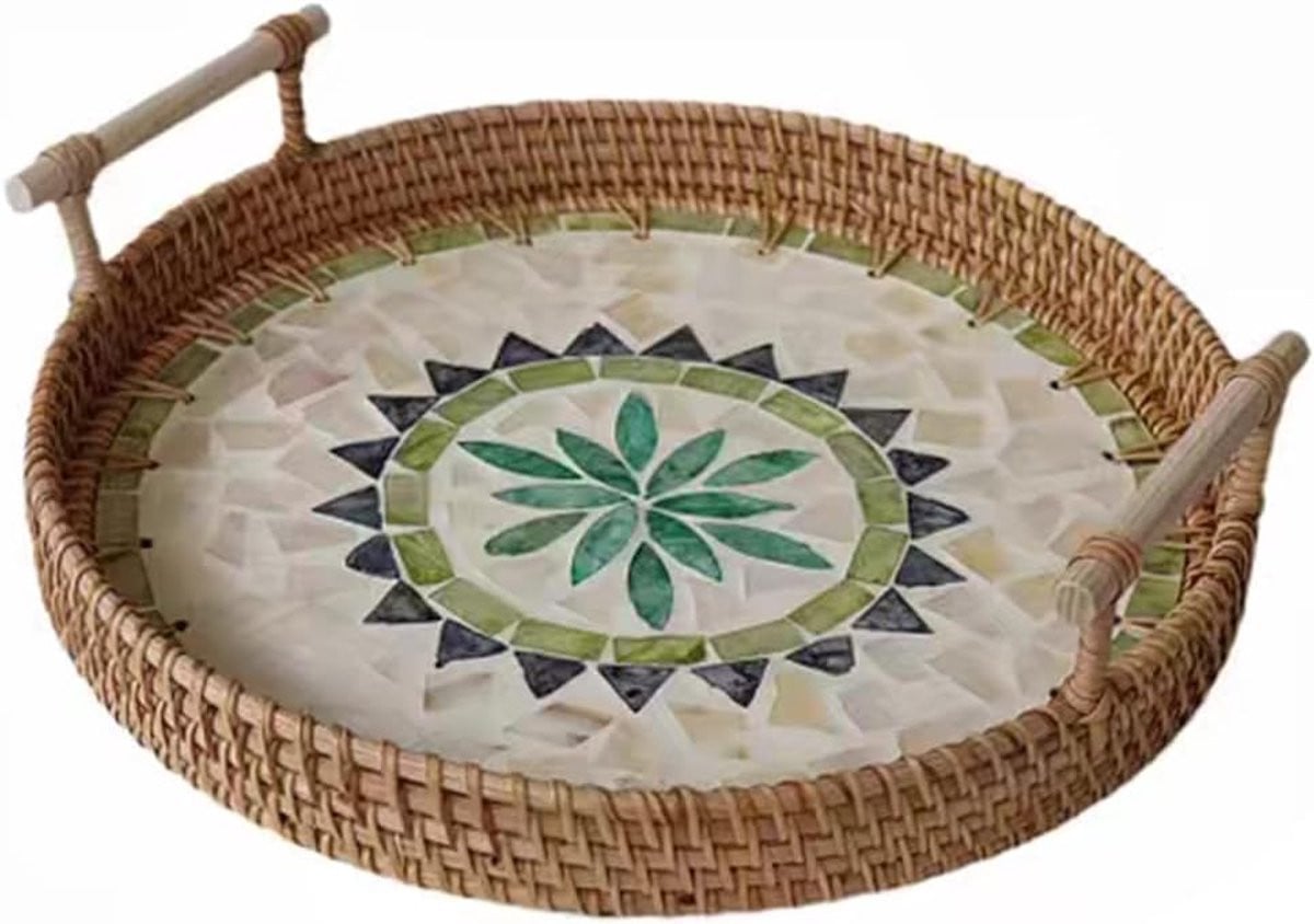 Rattan Tray met Handvatten - Handgeweven Wicker Tray - Decoratieve Rondopslag voor Ontbijt, Dranken, Snacks en Fruit