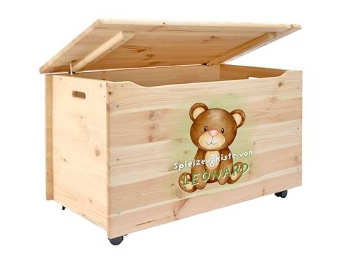 Pinus Spielzeugkiste personalisierbar 90x48x51 cm mit Deckel Rollen Kiefernholz, Wunschname personalisiert, große Aufbewahrung, für Spielzeug Decken Erinnerungen, Kinderzimmer Geschenk Geburt