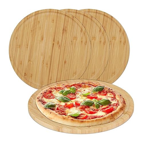 Relaxdays Bamboe Pizzaplank Set van 4, Bruin, Ø 32 cm