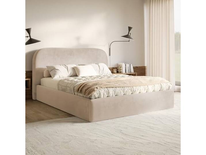 MOTIVENA Mono Bett 160x200 Beige Samt, mit Stauraum, mit Kopfteil, mit Lattenrost, ohne Füße, ohne Matratze, Polsterbett 160x200 mit Bettkasten Beige (Creme)