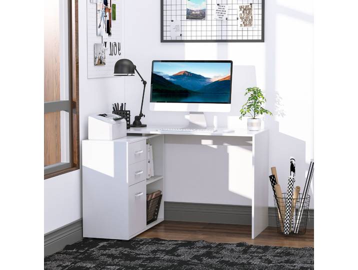 HOMCOM Bureau d'Angle Modulable Blanc avec Tiroirs