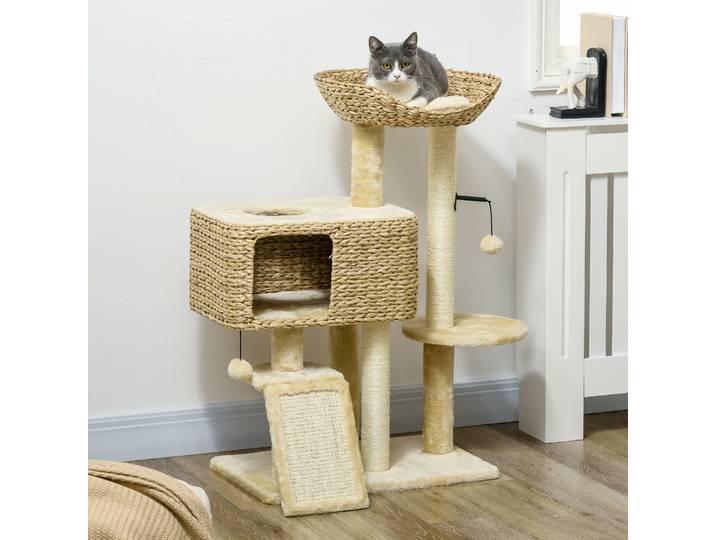 PawHut Arbre à Chat Griffoir Niche Beige 98cm