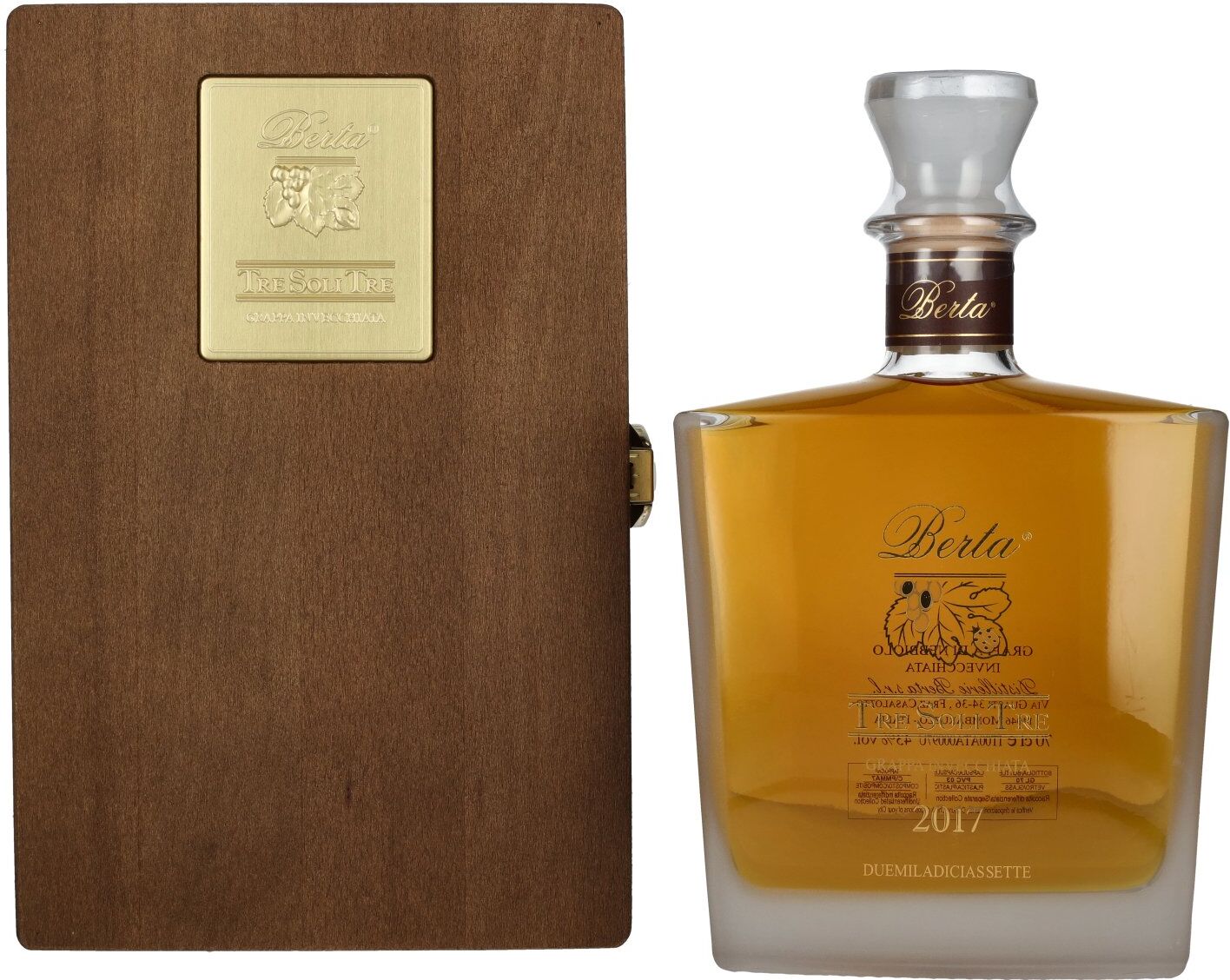 Berta Grappa Tre Soli Tre Grappa Invecchiata 2017 43% Vol. 0,7l in Holzkiste