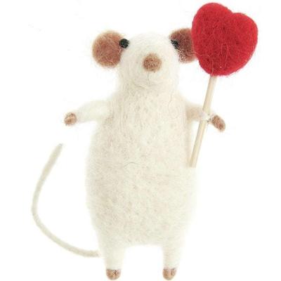 Filz-Maus mit rotem Herz, Weiß, 8 x 7 x 6,5cm