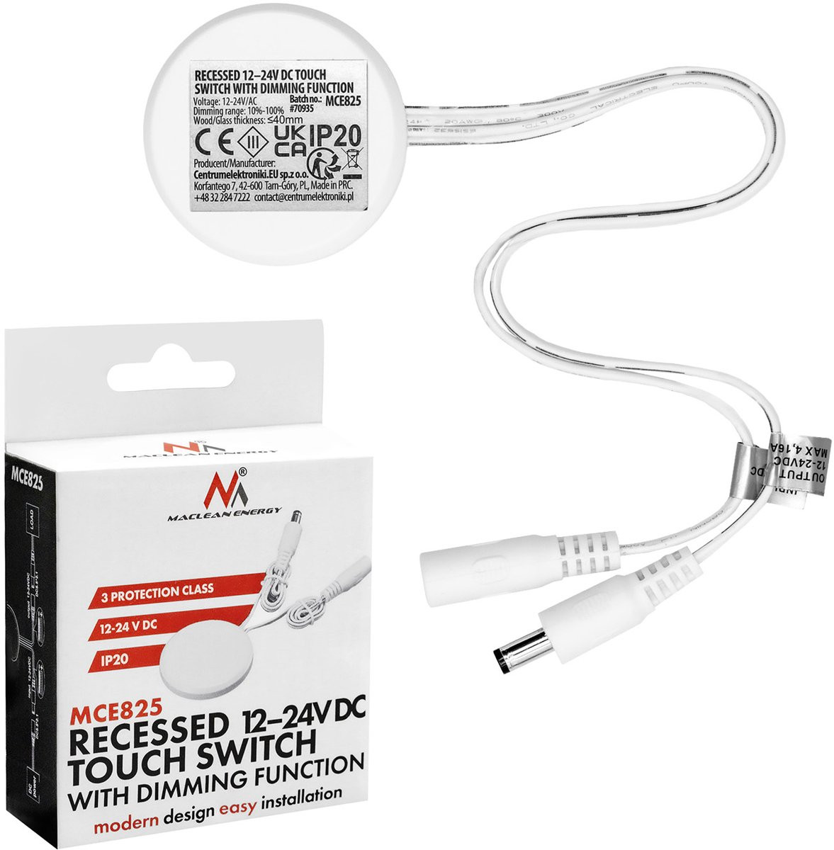 Maclean MCE825 inbouw aanraakschakelaar, elektronisch, 12-24 V DC, max. 48/96 W, <40 mm