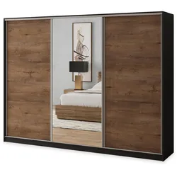 SCHWEBETÜRENSCHRANK SORE 270/205/58 cm 3-türig mit Spiegel und 4 Schubladen Schwarz