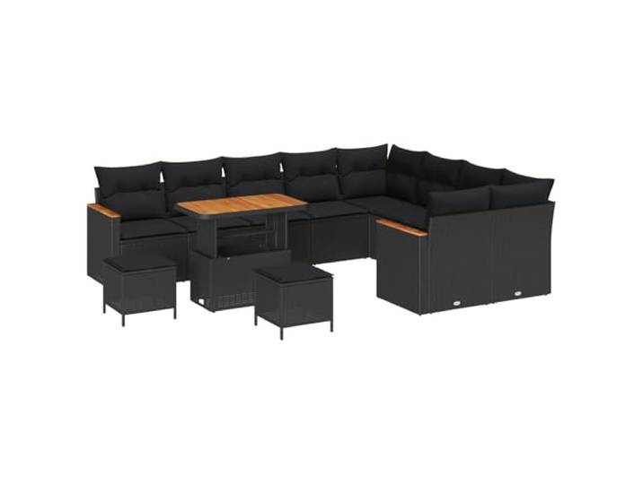 KTHLBRH Gartenmöbel-Set, 12-teilig, schwarz, Polyrattan Sessel mit Kissen aus Polyester, Couchtisch aus Akazie, Armlehnen und Rückenlehne minimal, feucht abwischbar