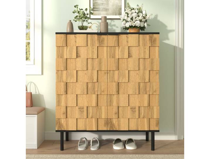 Meuble à chaussures 80x35x91 5 cm-2 portes effet mosaïque-étagères réglables-pieds métal-panneaux de particules-effet bois naturel