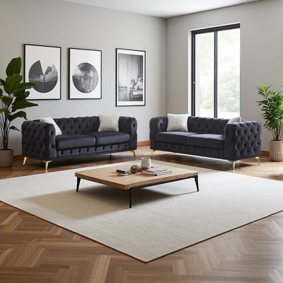 ZWYO HOSIMU Velvet Chesterfield 6-Seater Sofa Set with Rolled Arms and Metal Legs..
