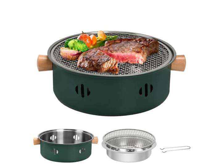 BSDLZCH Tragbarer Holzkohle-Barbecue-Grill, 1 Stück Mini-BBQ-Grill Multifunktionaler Holzkohlegrill Runder Tischgrill für Outdoor-Kochen, Heimparty, Picknick, Camping (Grün)