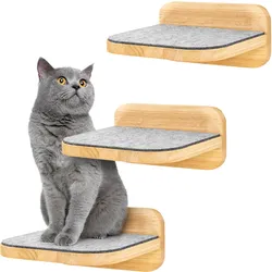 HAPPYPET Katzentreppen 3er-Set für Wandmontage - Hartholz, Designer Kletterwand Katzen, Katzentreppe mit Filzbezug, Katzenleiter, Katzenwand zum Klettern, Catwalk   Natur  3x Stufen L