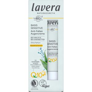 lavera Augencreme Basis Sensitiv Anti-Falten, unparfümiert, gegen Falten, mit Q10, Malve & Sheabutter, normale Haut, 15 ml