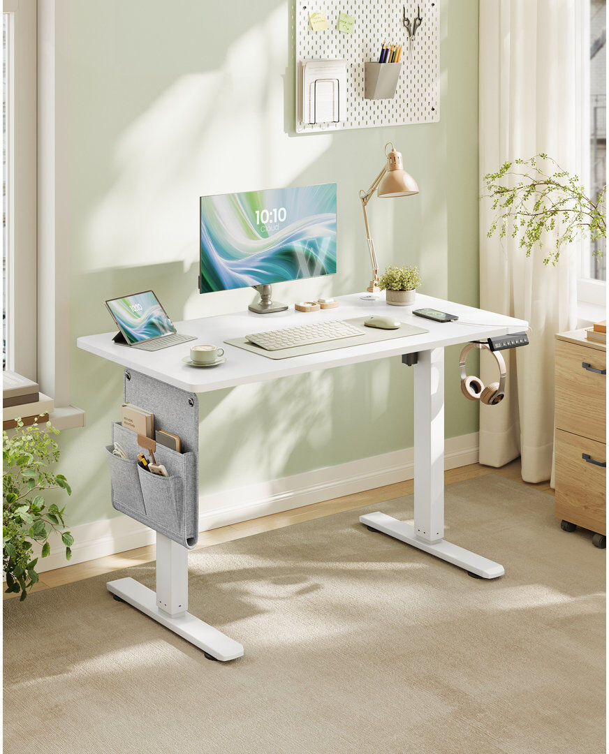 Inbox Zero Adjustable Height Steel Standing Desk with Built-In Electrical Outlet White 120cm H X 100cm W X 60cm D