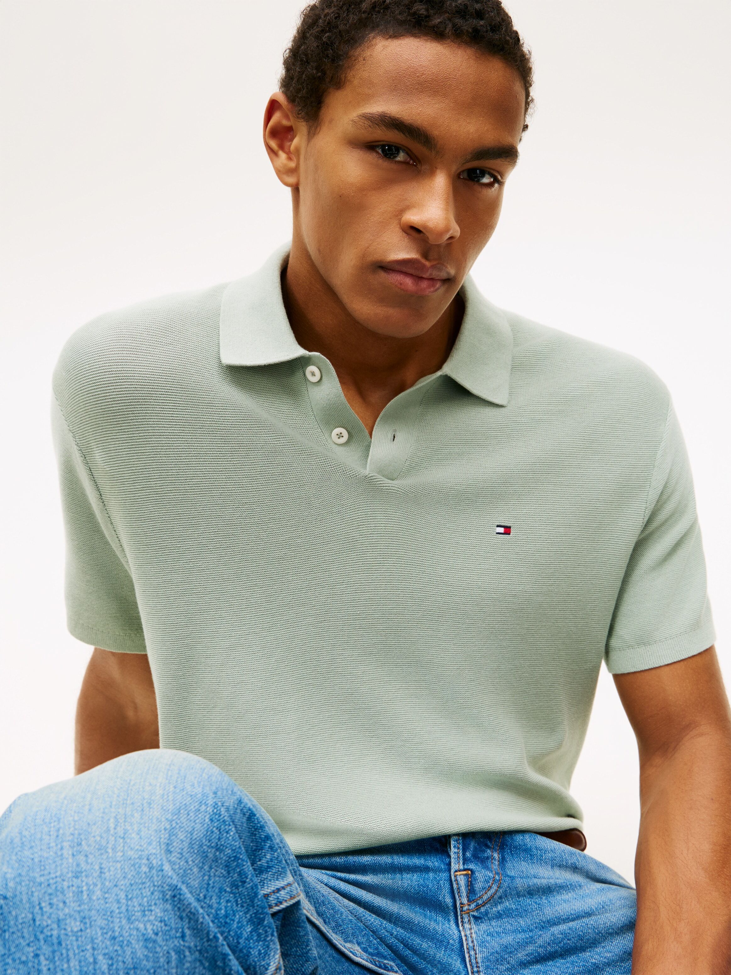 Polokragenpullover TOMMY HILFIGER "COOL TOUCH STRUCTURE", Herren, Gr. M, grün (minty grau), Strick, Obermaterial: 100% Baumwolle, regular fit normal, Rundhals, eingesetzt gerader Abschluss, Pullover Polokragenpullover, Regular fit mit Polokragen minty gra