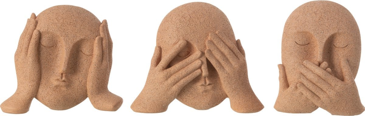 J-Line Decoratie Gezicht Zien Horen Praten - 3 stuks - Terracotta - Polyresin