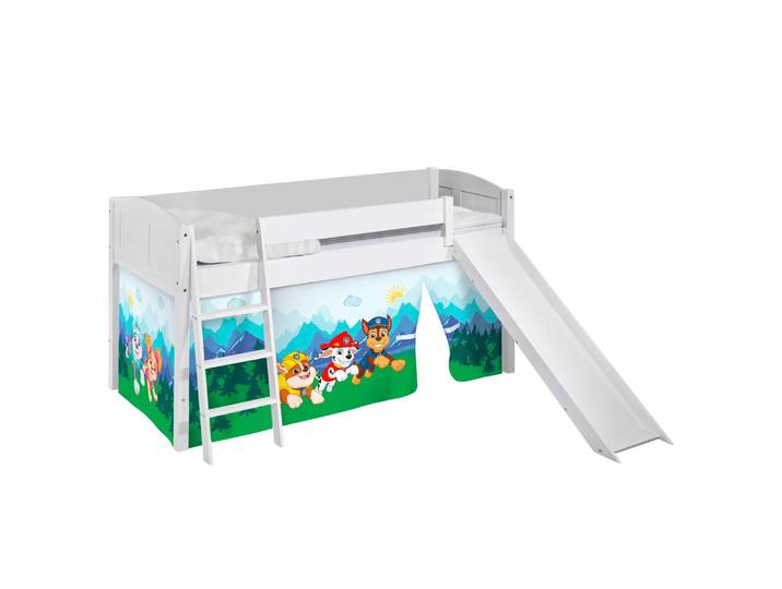 Hochbett Landhaus Paw Patrol 90 x 200cm Weiß/Hellblau mit Rutsche
