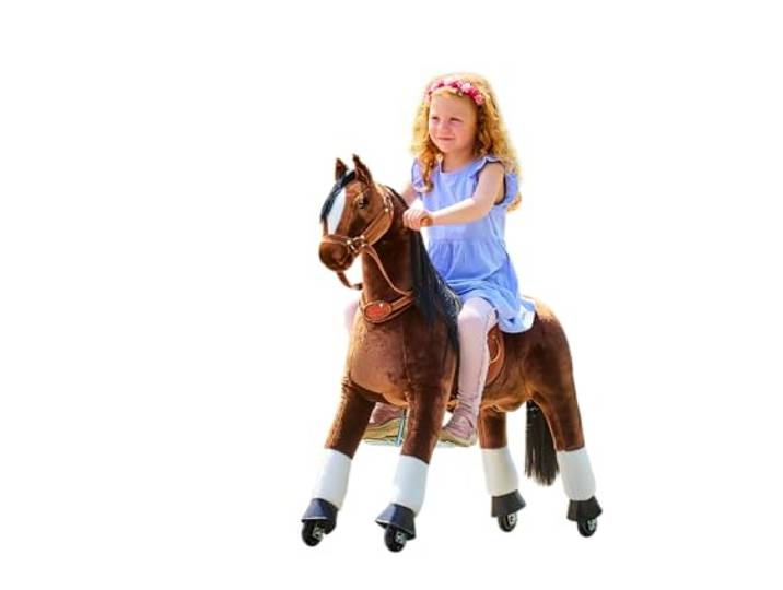 Ponnie Reitpferd mit Rollen Happy M (5-12 Jahre), Spielpferd zum Reiten mit Abnehmbarer Braun Sattel und Halfter mit Zaumzeug, Kämmbare Mähne und Schwanz, Plüschpferd zum Reiten für Kinder