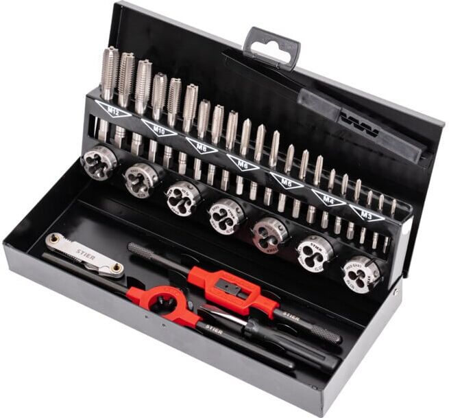 Kit de filetage / kit de taraudage STIER, 32 pièces M3-M12 HSS-G, cassette en tôle d'acier selon DIN 1541, jeu de filetage, jeu de tarauds, boîte de taraudage (904866)