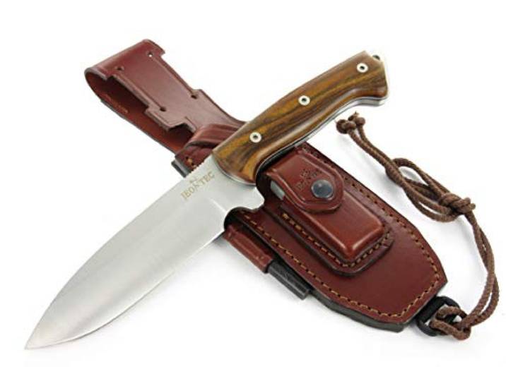 JEO-TEC Nº39 Full Tang Outdoor Camping Gürtelmesser Jagdmesser Überlebensmesser Survival Bushcraft Messer mit Holzgriff - 14,5 cm Klinge Stahl MOVA - Lederscheide Feuerstahl Messerschärfer