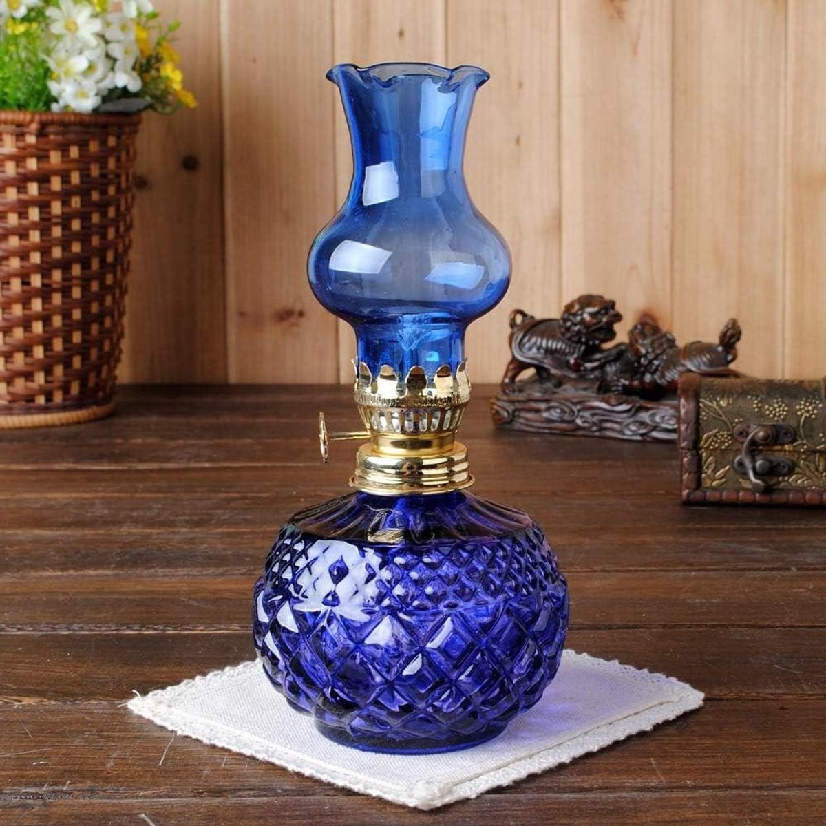 Blauwe glazen olielamp - Petroleumlamp lantaarn voor buitenverlichting - Hoogte: 20 cm