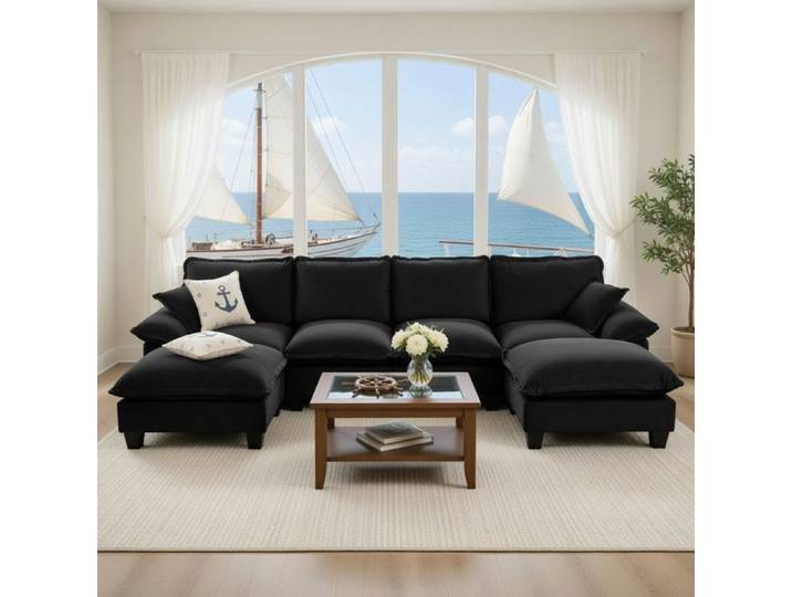 Xylo Canapé angle L chenille 6 places ottomans mobiles salon appartement noir