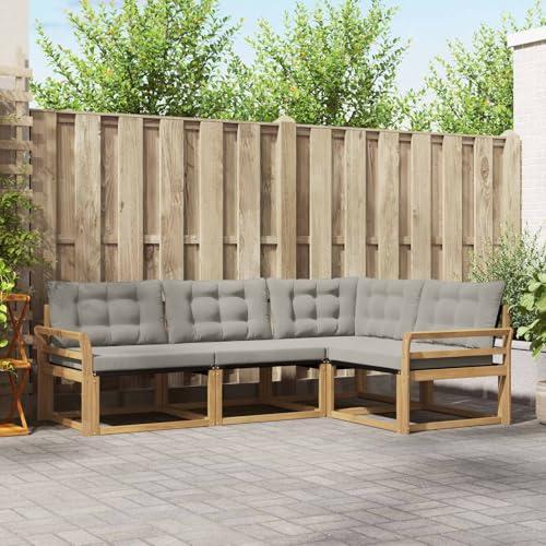 Outdoor-Sofagarnitur aus Akazienholz, 4-teiliges Gartenmöbel Set mit Kissen, Lounge Sofa für Garten, Terrasse und Balkon, Modular anpassbar, Weiß und Hellgrau