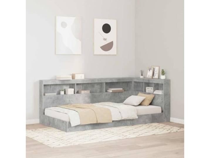 RJPLMFV Bettkopfteil, Beton, 90 cm, Holz, Grau L-Form, integrierte Regale, Ladestation, minimalistisches Design für modernes Schlafzimmer