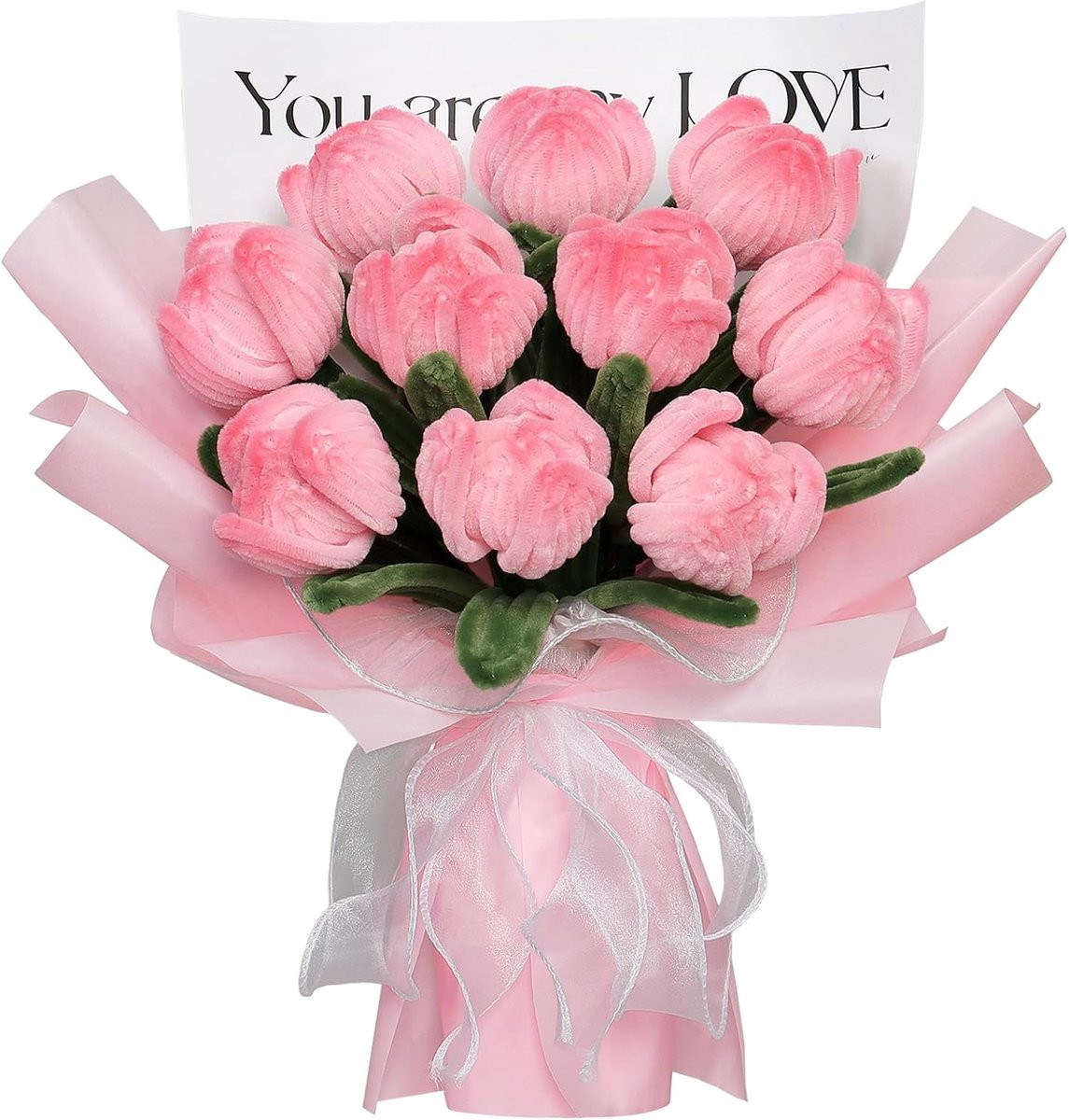Handgemaakt tulpenboeket met 10 roze tulpen