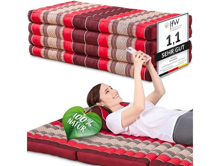 Namasdee Klappmatratze 200x110x8cm mit 100% natürlicher Kapokfüllung (Rubinrot)