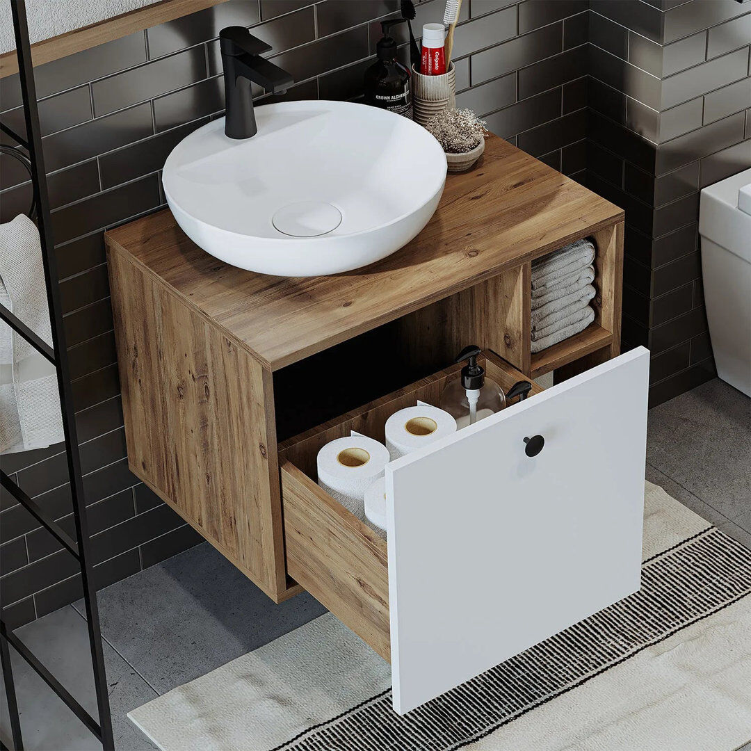 Union Rustic Lotus Bathroom Vanity Unit with Ceramic Washbasin / Sink 65cm Natural/White 65mm W