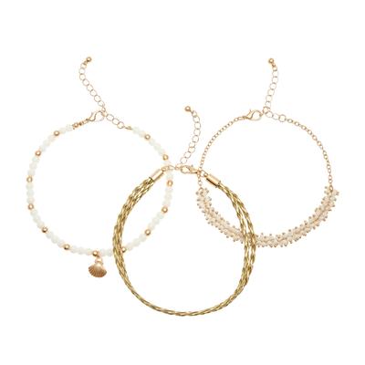 Fußketten Set LASCANA "3 einzelne Fußkettchen in Boho Stil", Damen, Gr. Glas Lederimitat Metall, gold (goldfarben, weiß), Glas, Lederimitat, Metall, glänzend, Fußketten, und Glasperlen, Fußkettchen mit Anhänger