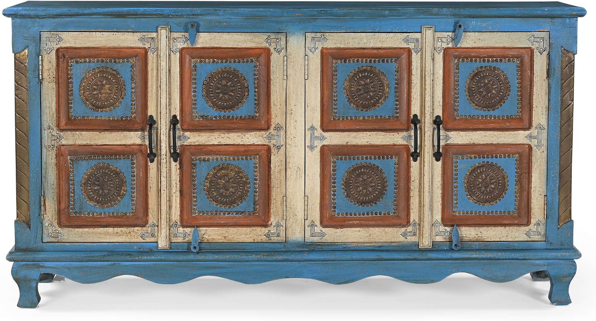 Sideboard GOODPRODUCT "Mahar", bunt (blau, creme), B:160cm H:85cm T:40cm, Massivholz, Sideboards, Sideboard, mit aufwendiger Schnitzerei, handgefertigt, Unika-Möbel, Breite 160 cm blau, creme B/H/T: 160cm x 85cm x 40cm, Mango, 4 Stk.