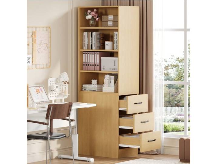 Bibliothèque Étroite avec 4 Niches et 3 Tiroirs Latéraux Étagères Réglables - 60×38×180 cm - Chêne