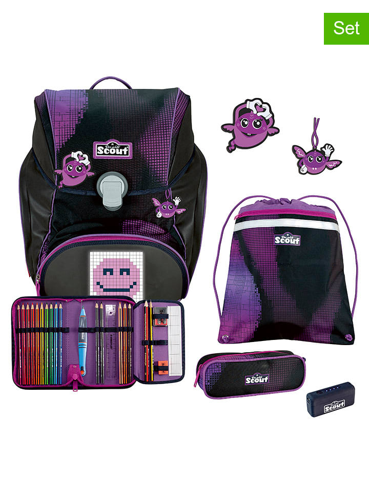 Scout 4tlg. Schulranzen-Set "Alpha Set Movie - Pink Pixel" in Schwarz/ Lila - onesize