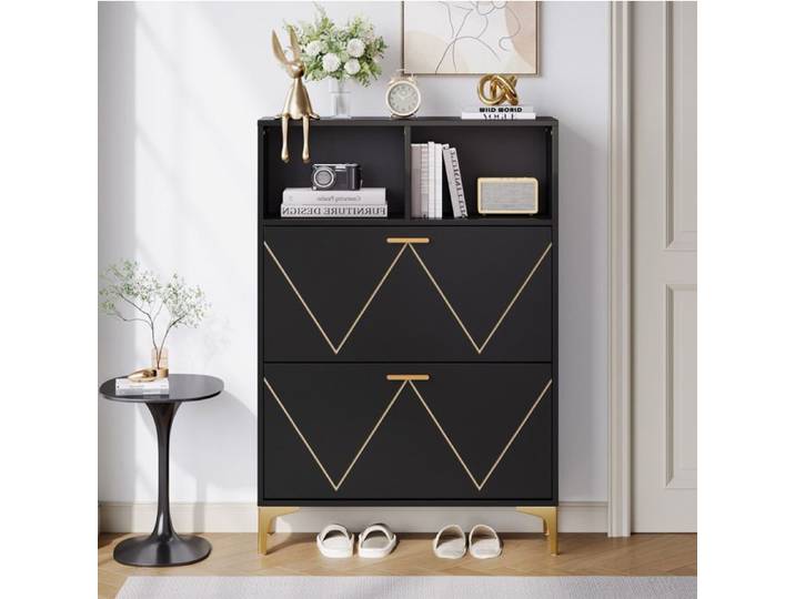 Meuble A Chaussures Noir En MDF Armoire D Entree FloraGrace Pour Entree 4 Compartiments Et 2 Niches 80x25x117cm