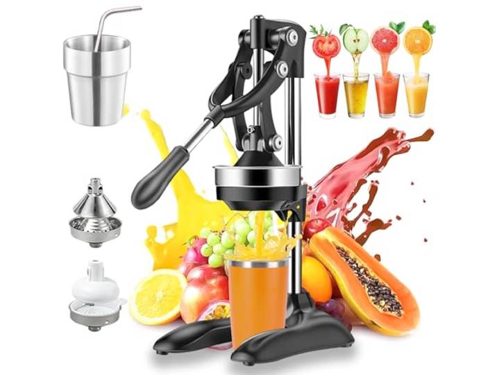 Cast Iron Juicer Hand Press - Easy-to-Clean, Heavy-Duty, Effective Stainless Steel Manual Juicer Fruit Squeezer, Home & Kitchen Professional Manual Citrus Juicers for Lemonade Orange Juice (Black)