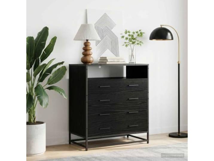 Schubladenschrank 4-Schublade Schwarz Eichen-Optik Wandmontage Umkehrbare Tür, Stangengriffe, Holzwerkstoff, rechteckige Form, Wohnzimmer, kompakte Bereiche, feuchtes Tuch reinigbar