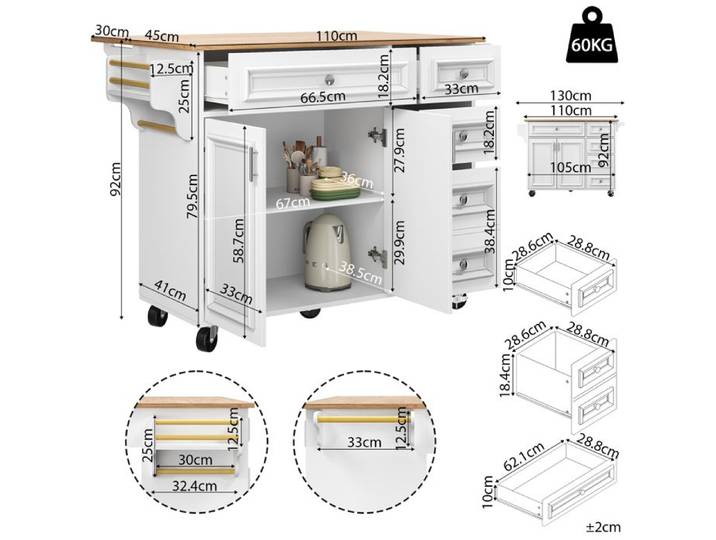 Île de cuisine(110×45-75×92cm) Terrain de cuisine moderne Armoire de cuisine Armoire de buffet amovible pour chariots de service