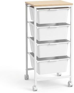 Costway 4-Drawer Rolling Storage Cart Mobile Utility Organizer with Wooden Tabletop and Lockable Wheels-White