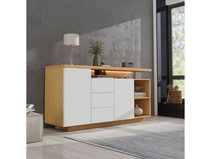 WOVREO Buffet bas 140 cm avec LED 2 portes 3 tiroirs 2 niches ouvertes blanc et chêne clair