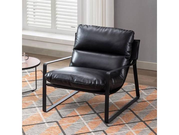 Wahson Fauteuil de Salon Confortable Chaise Relax Fauteuil Lounge de Structure Métal Chaise Loisirs pour Chambre Cuir PU Noir