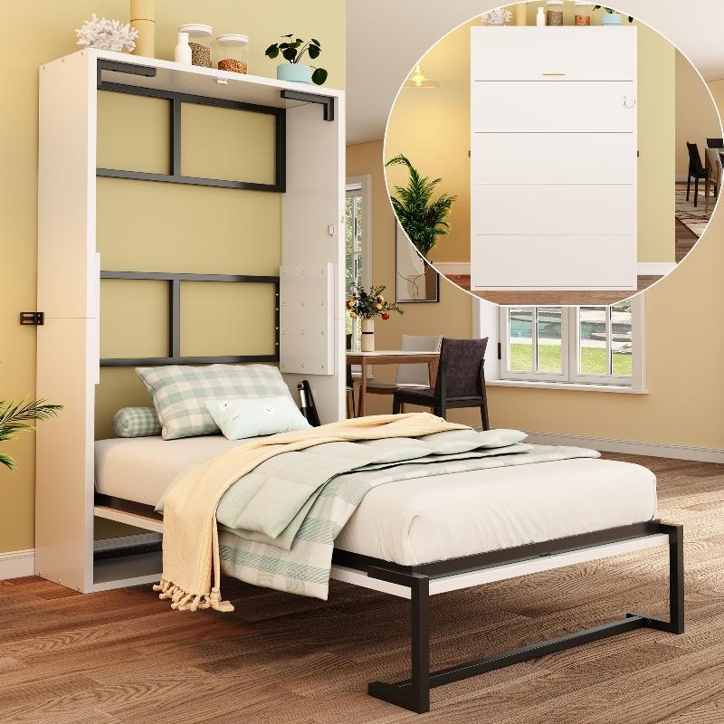 Murphy Bett 90x200 Wandklappbett mit Metallrahmen und MDF, verriegelbarer Wandbefestigung, leise und stabil für kleine Räume