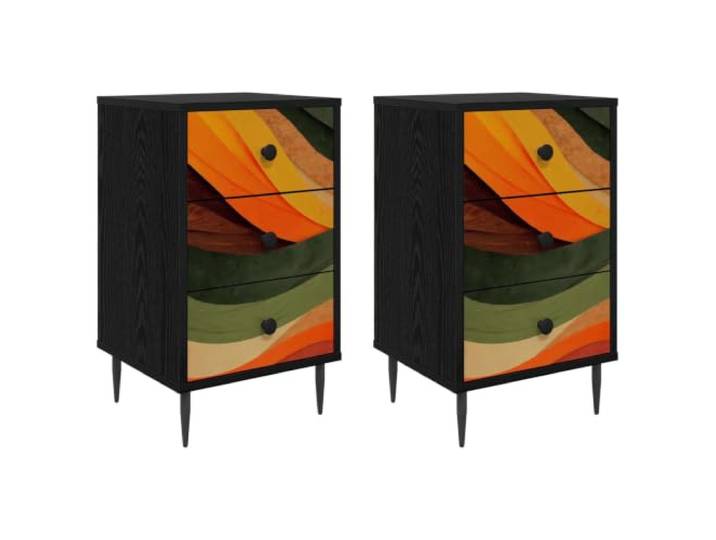 Coespram Nachttisch 2er Set Schwarz Eichen-Optik 36x33x61 cm Kompakte Nachtschränke fürs Schlafzimmer mit dekorativem Muster, erhobenen Füßen und robusten Stahlgriffen im 2er Set.