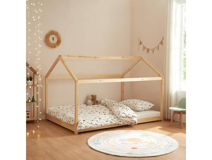 [en.casa] Kinderbett Cerro Hausbett Jugendbett Bett in Haus-Optik Montessori Bett aus massiver Kiefer Bettgestell mit Lattenrost Holzfarben 120x200cm