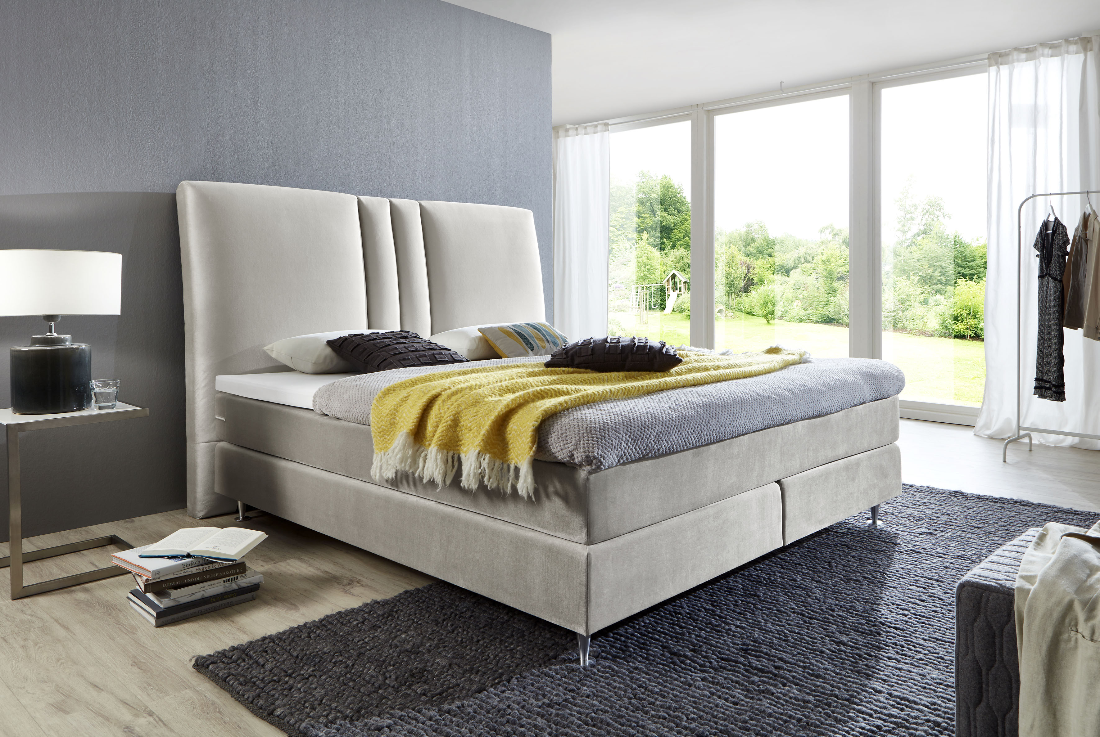 ATLANTIC home collection "Rita" mit Topper und hohen Kopfteil hellgrau Samtvelours, Liegefläche B/L: 180cm x 200cm, H3, 7-Zonen-Taschen-Federkernmatratze