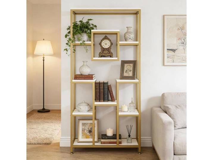 Bibliothèque étagère ouverte dorée et blanche 90 x 34 x 182 cm design géométrique 11 niveaux métal