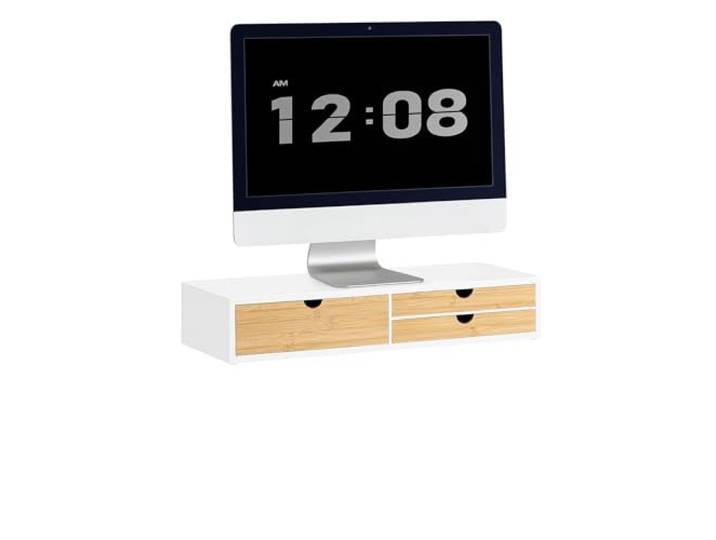 SoBuy Support Écran 3 Tiroirs Charge max. 14kg 60x11x22cm Bureau rehausseur moniteur ergonomique\, MDF et bambou\, pour ordinateur portable ou TV BBF11-WN