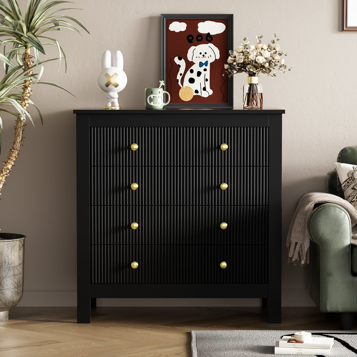 Zubaliya Moderne Kommode met 5 Laden, Gestructureerd Front en Gouden Handgrepen