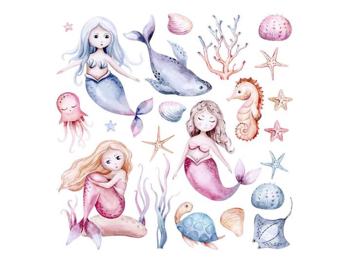 Wallfluent Wandaufkleber 80x101cm - Die Welt der kleinen Meerjungfrauen, Mehrfarbig, Kunststoff, Rechteckig, 80x101x0.1 cm, Tapeten & Wandverkleidungen, Wandtattoos & Sticker, Wandtattoos