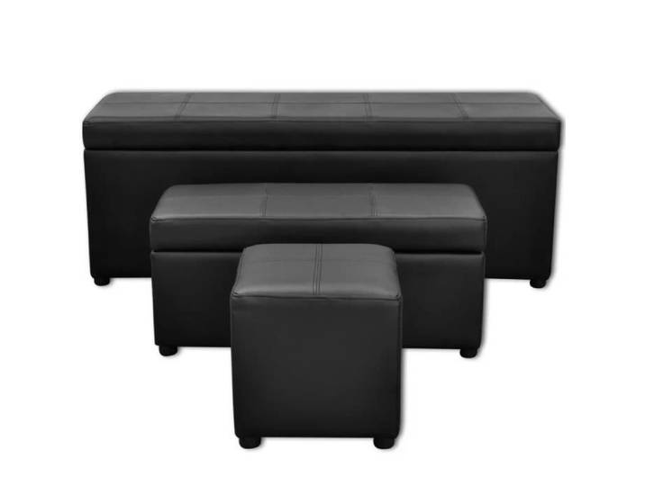 Banc de rangement - MAD - Set de 3 - Simili cuir noir - Armature en bois - Design contemporain